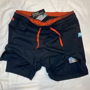SuperDry Shorts 021 Dynamic Sport Active Stretch XL Black Orange Zip Pockets NWT